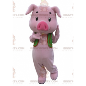 BIGGYMONKEY™ Mascottekostuum roze varken met groen vest -
