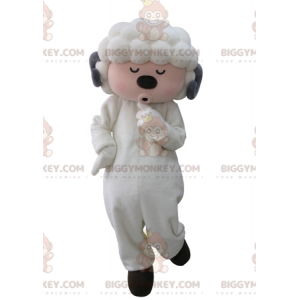 Kostým maskota bílé a šedé ovce BIGGYMONKEY™ se zavřenýma očima