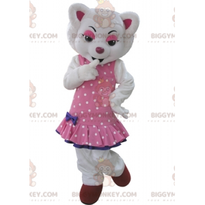 BIGGYMONKEY™ maskotdräkt av White Wolf klädd i rosa prickig