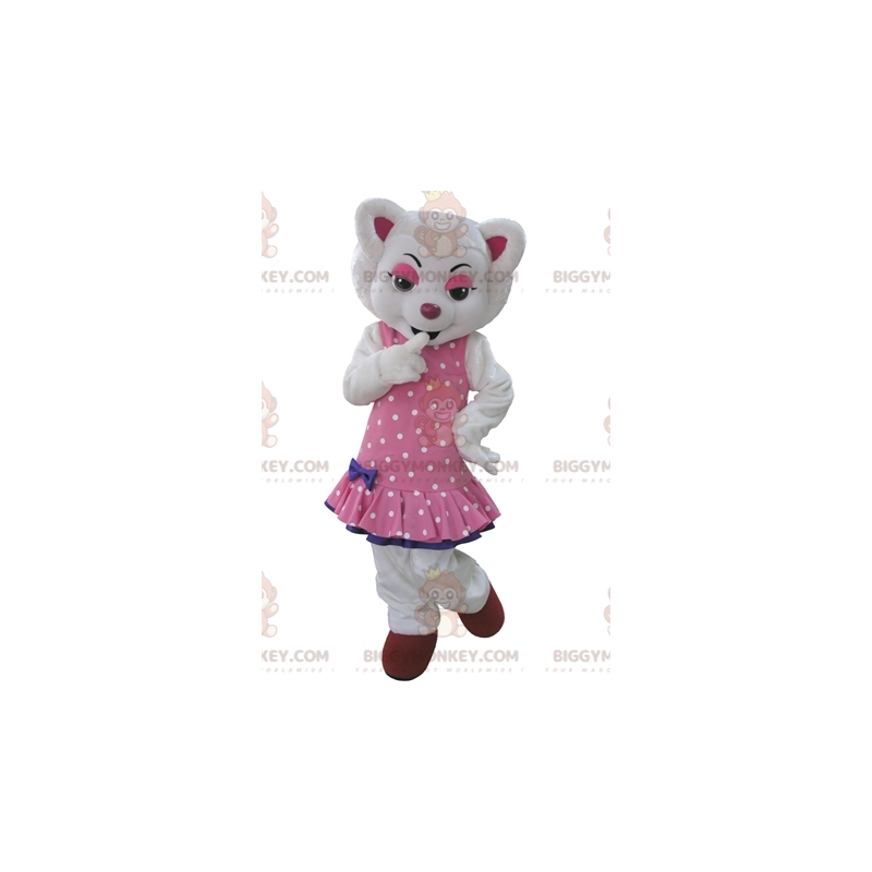 BIGGYMONKEY™ Mascot Costume of White Wolf Dressed in Pink Polka