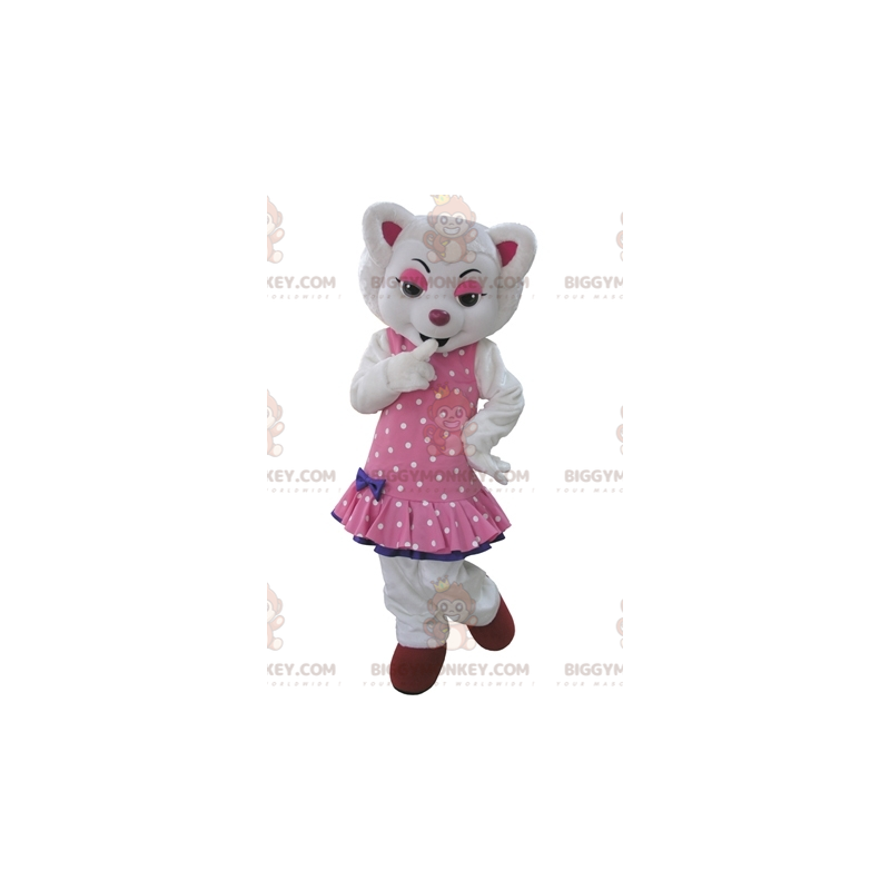 Στολή μασκότ BIGGYMONKEY™ με λευκό λύκο ντυμένο με ροζ πουά
