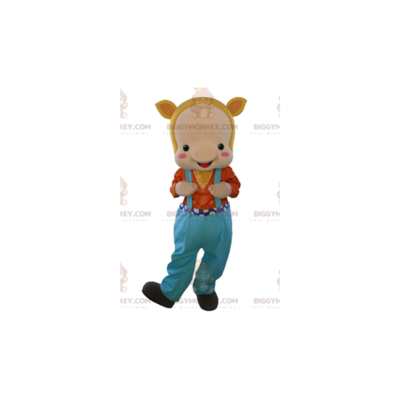 BIGGYMONKEY™ Mascot Costume Beige Pig Dressed In Overalls -