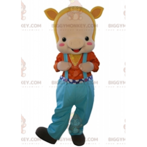 BIGGYMONKEY™ Mascot Costume Beige Pig Dressed In Overalls -