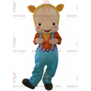 BIGGYMONKEY™ mascottekostuum beige varken gekleed in overall -