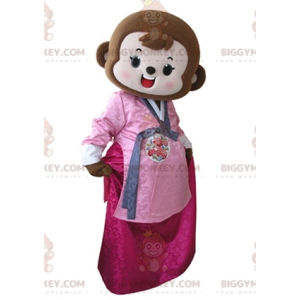 Kostým maskota BIGGYMONKEY™ Hnědá opice v růžových šatech –