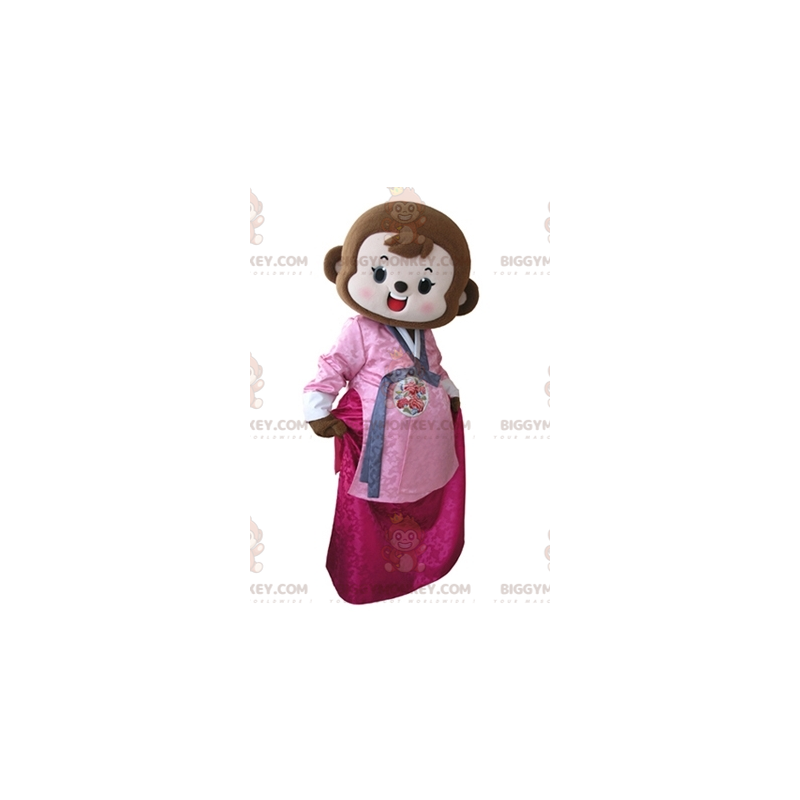 BIGGYMONKEY™ Μασκότ Κοστούμι καφέ μαϊμού ντυμένο με ροζ φόρεμα