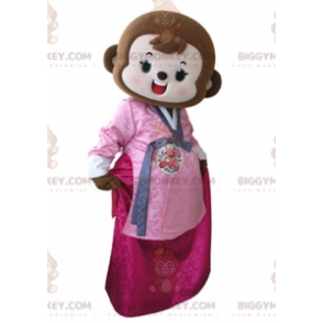 BIGGYMONKEY™ Μασκότ Κοστούμι καφέ μαϊμού ντυμένο με ροζ φόρεμα