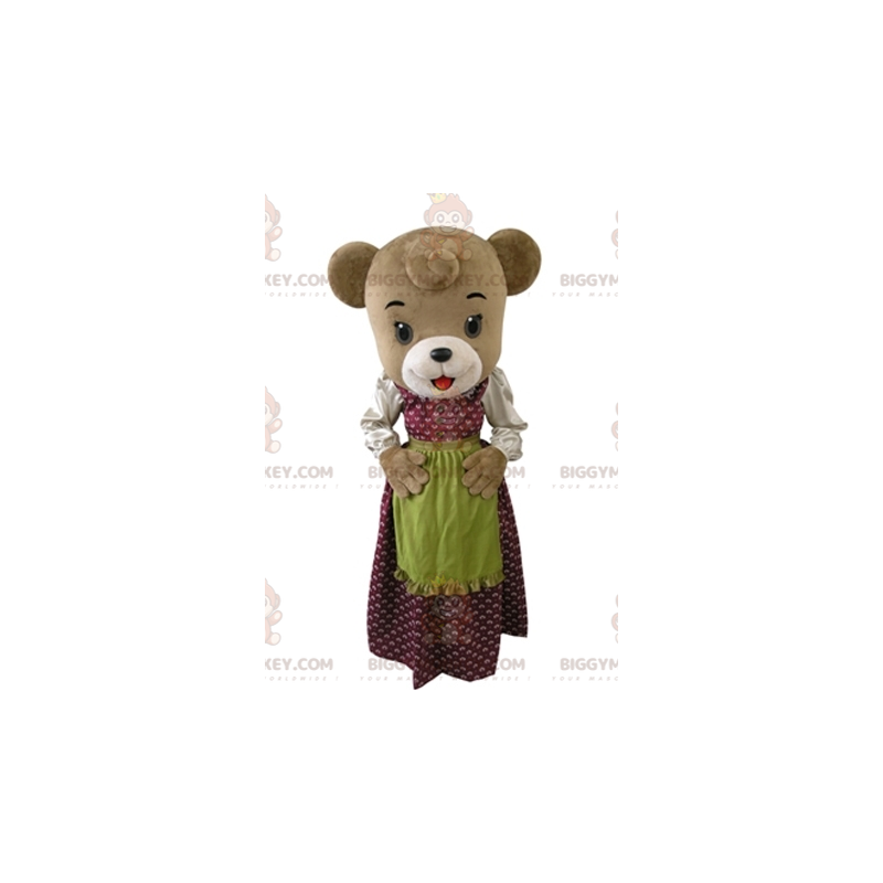 Brown bear BIGGYMONKEY™ mascot costume dressed in a dress with