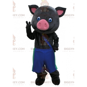 BIGGYMONKEY™ mascottekostuum zwart en roze varken met blauwe