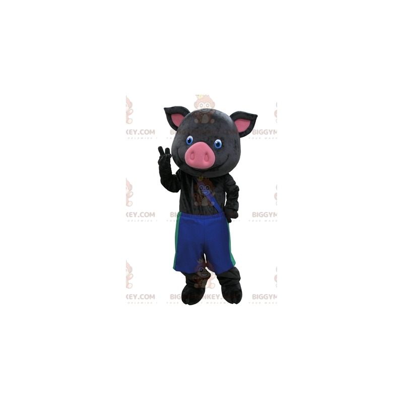 BIGGYMONKEY™ Mascot Costume Black and Pink Pig with Blue Pants