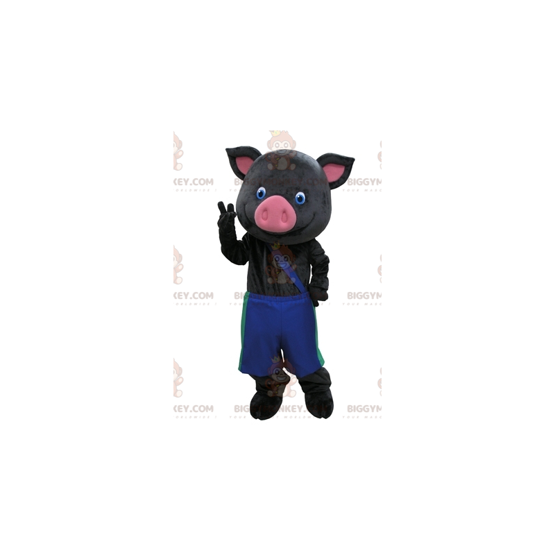 Traje de mascote BIGGYMONKEY™ Porco preto e rosa com calça azul