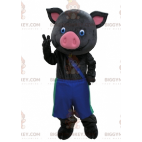 BIGGYMONKEY™ Maskotdräkt Svart och rosa gris med blå byxor -