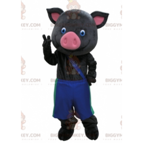 Traje de mascote BIGGYMONKEY™ Porco preto e rosa com calça azul