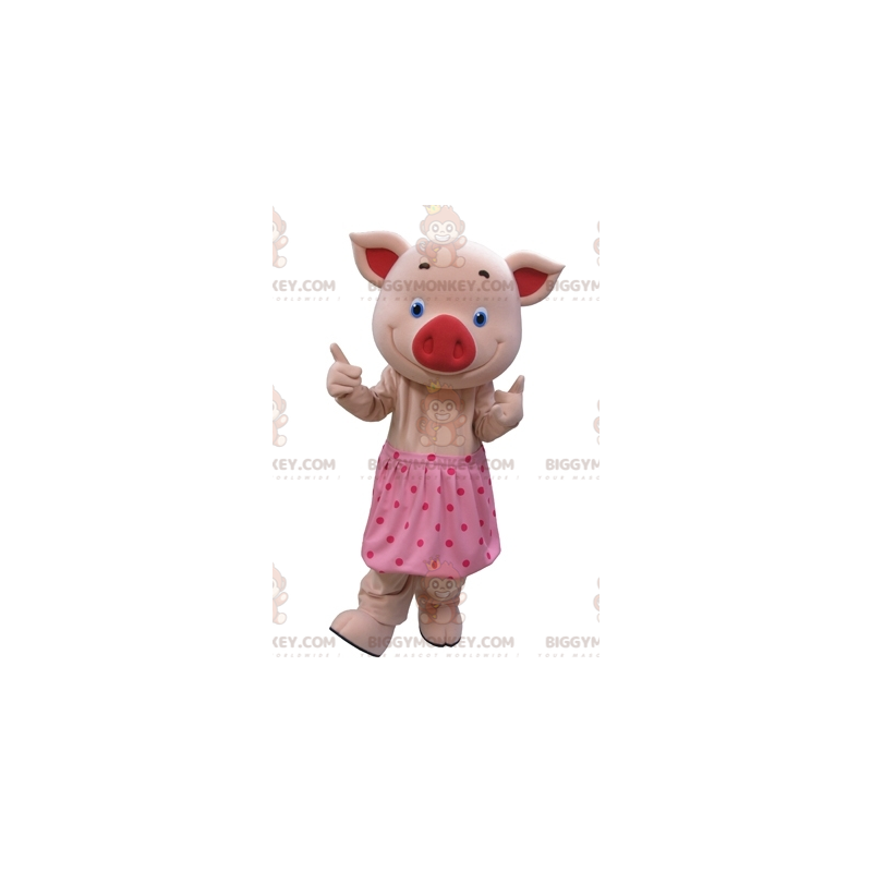 Traje de mascote BIGGYMONKEY™ Porco rosa com olhos azuis e saia