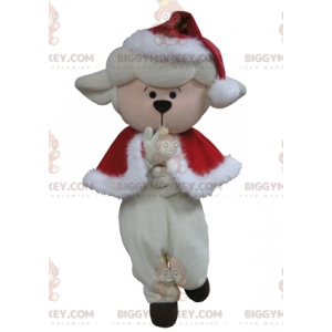 Valkoinen lammas BIGGYMONKEY™ maskottiasu joulupuku -