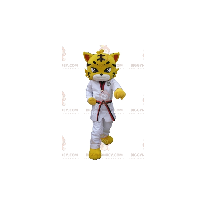BIGGYMONKEY™ Κίτρινη λεοπάρδαλη μασκότ τίγρης, ντυμένη με λευκό
