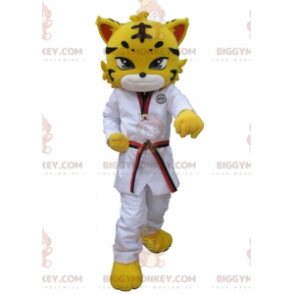 BIGGYMONKEY™ gul leopard tigermaskotkostume klædt i hvid kimono