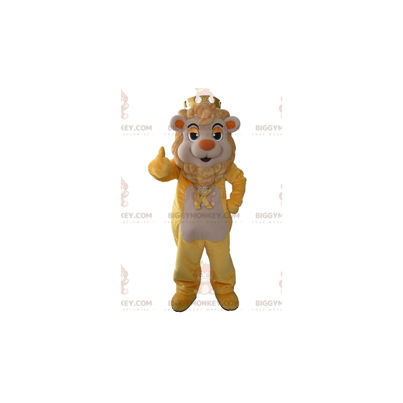 BIGGYMONKEY™ maskotdräkt av gult och beige lejon med en krona