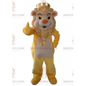 BIGGYMONKEY™ maskotkostume af gul og beige løve med en krone på