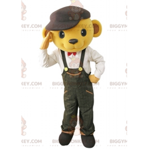 BIGGYMONKEY™ gul bjørnemaskotkostume klædt i overalls med baret