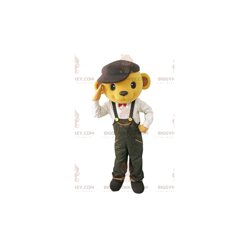 BIGGYMONKEY™ Yellow Bear Mascot Costume Dressed In Overalls