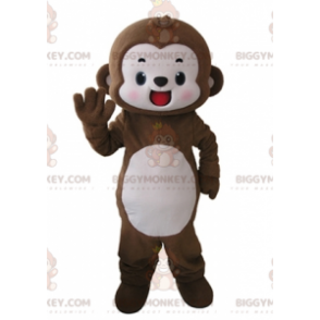Disfraz de mascota mono marrón y blanco muy sonriente