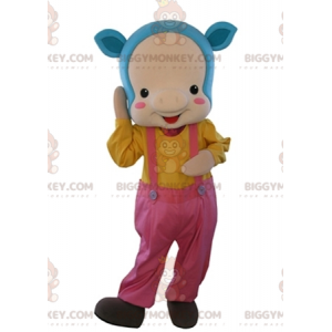 BIGGYMONKEY™ Costume da mascotte Maialino rosa con capelli blu