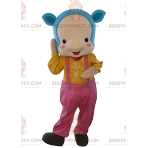 BIGGYMONKEY™ maskotkostume Pink gris med blåt hår og overalls -