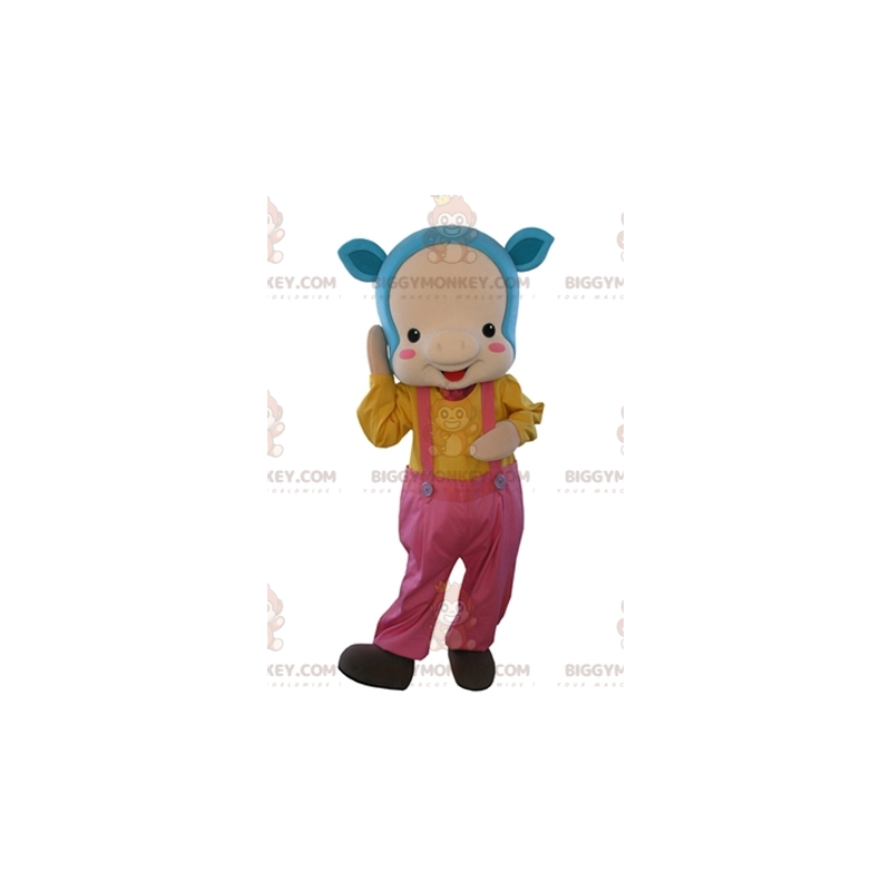 BIGGYMONKEY™ Mascot Costume Pink Pig with Blue Hair and