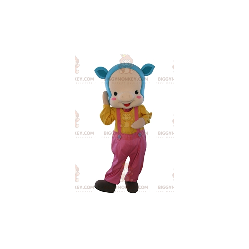 Traje de Mascote BIGGYMONKEY™ Porco Rosa com Cabelo Azul e