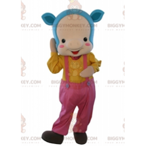 BIGGYMONKEY™ mascottekostuum roze varken met blauw haar en