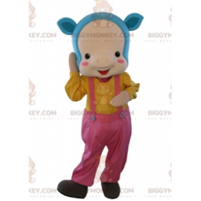 BIGGYMONKEY™ maskotkostume Pink gris med blåt hår og overalls -