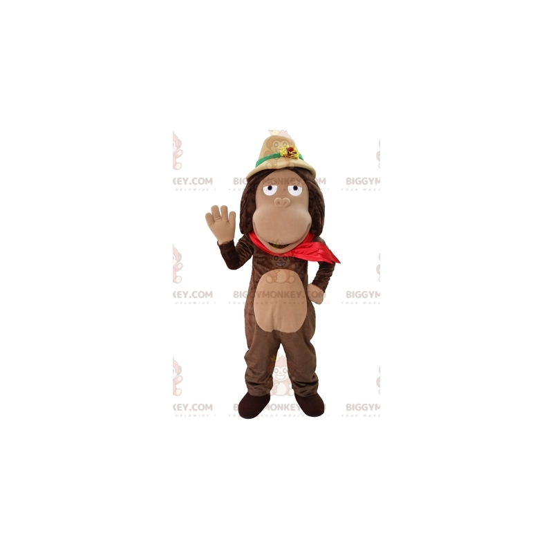 Brown Monkey BIGGYMONKEY™ Mascot Costume with Explorer Hat –
