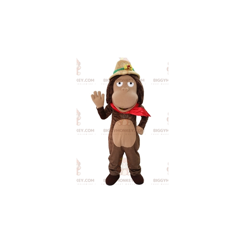 Brun apa BIGGYMONKEY™ maskotdräkt med Explorer-hatt -