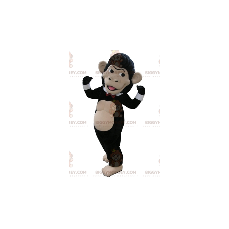 BIGGYMONKEY™ maskottiasu, musta ja beige apina rusetilla -