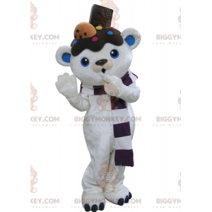 BIGGYMONKEY™ maskotkostume af hvid og blå bamse med chokolade
