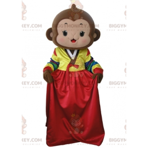 Brauner Affe BIGGYMONKEY™ Maskottchenkostüm mit buntem Kleid -