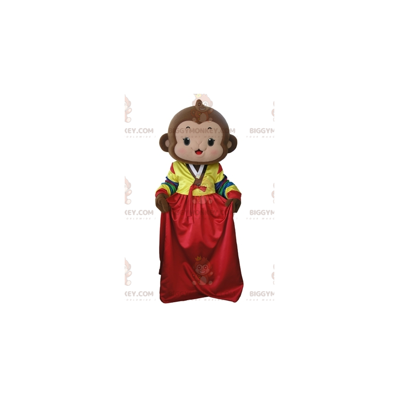 Bruin aap BIGGYMONKEY™ mascottekostuum met kleurrijke jurk -
