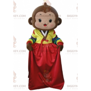 Brauner Affe BIGGYMONKEY™ Maskottchenkostüm mit buntem Kleid -