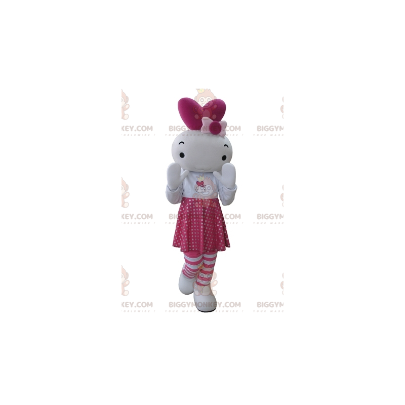 Costume mascotte BIGGYMONKEY™ bambola coniglio rosa e bianco -