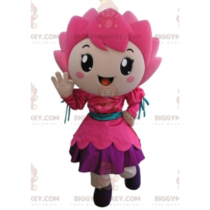 Costume da mascotte BIGGYMONKEY™ fiore rosa ragazza sorridente
