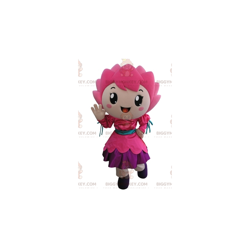 Leende flicka rosa blomma BIGGYMONKEY™ maskotdräkt -