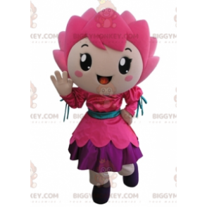 Costume da mascotte BIGGYMONKEY™ fiore rosa ragazza sorridente