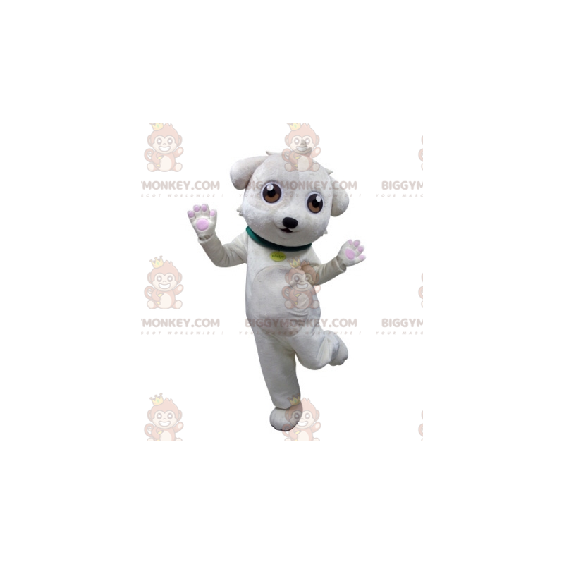 Fantasia de mascote BIGGYMONKEY™ cão branco com coleira verde –