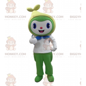 Πράσινο και άσπρο κοστούμι μασκότ με χαμογελαστό χιονάνθρωπο