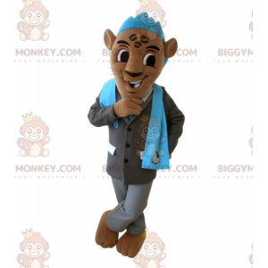 Bruine tijger BIGGYMONKEY™ mascottekostuum met pak en blauw