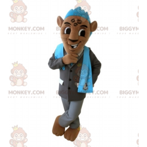 Brun tiger BIGGYMONKEY™ maskotkostume med jakkesæt og blå