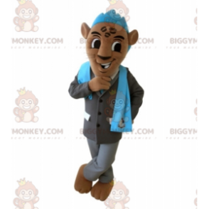 Bruine tijger BIGGYMONKEY™ mascottekostuum met pak en blauw