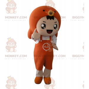 Orange boy BIGGYMONKEY™ mascot costume with apron and fish –