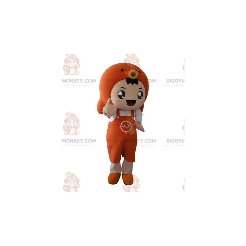 Orange boy BIGGYMONKEY™ mascot costume with apron and fish -